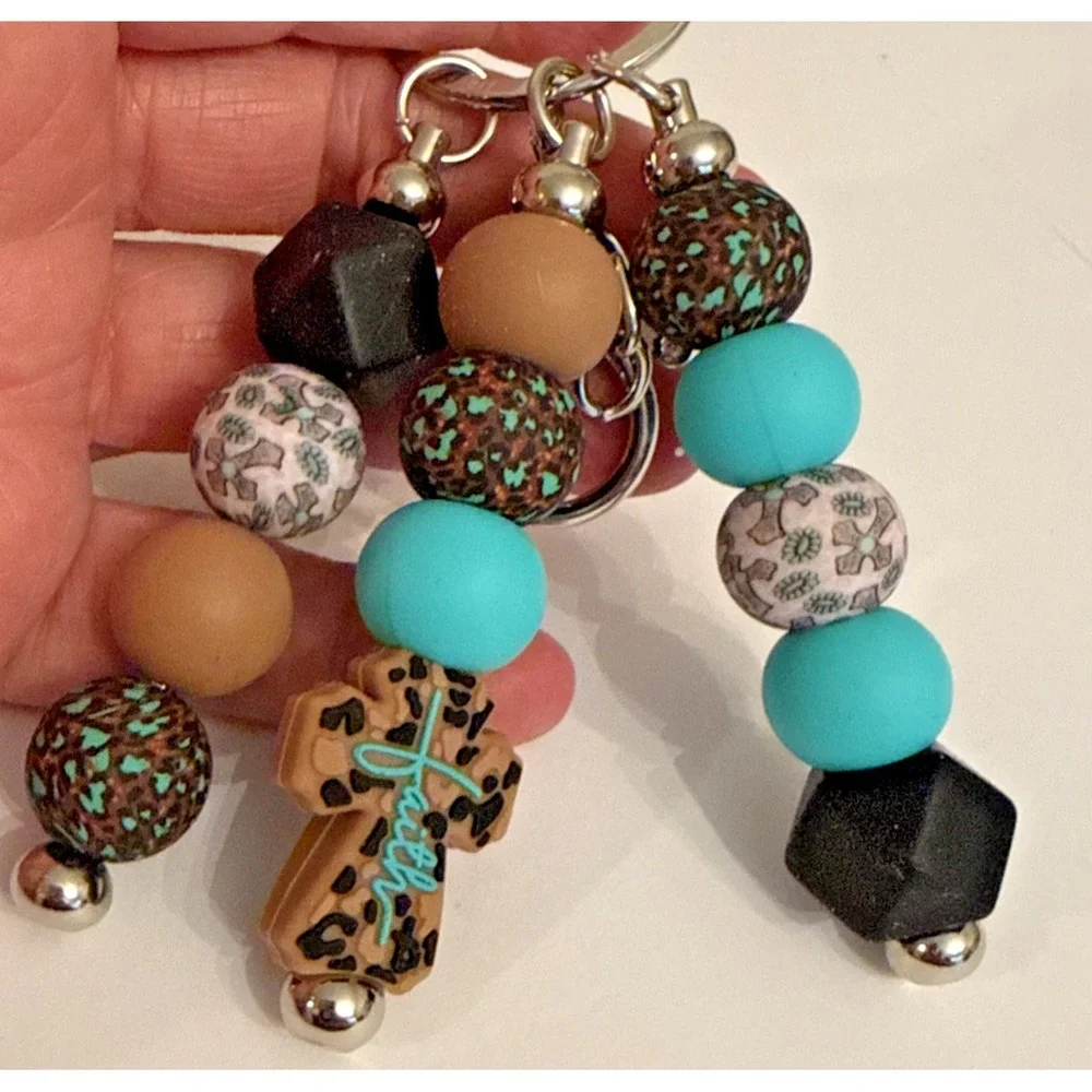 Handmade Turquoise Faith Key Chain Beaded Leopard Cross Blue Accessory